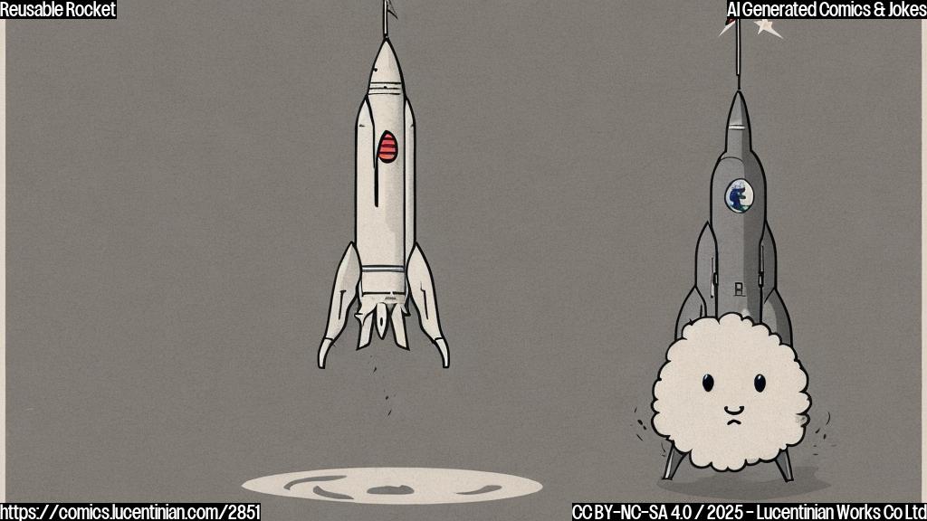 A cartoon drawing of a rocket booster landing on its legs, in a simple flat style with muted colors. The rocket should have a small, slightly sheepish face with one eyebrow raised and a small speech bubble coming from its mouth with "I've been around the block twenty times already!".