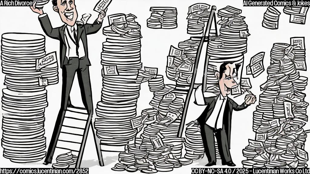 A cartoon drawing in plain colors of a lawyer in a suit standing on a ladder, reaching for a giant pile of money bags. The style should be simple and clean, with a focus on humor.