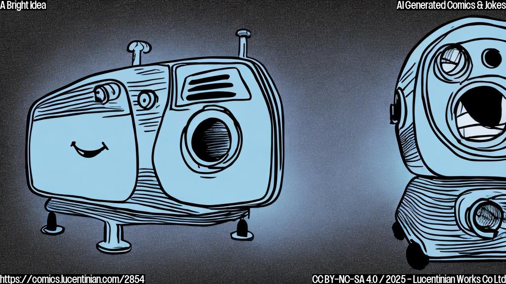 A simple cartoon drawing of a projector smiling brightly, in plain colors, no background