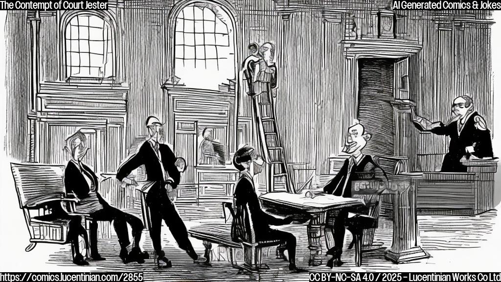 A cartoon drawing in plain colors of a lawyer in a suit carrying a ladder into a courtroom, with a judge sitting on the bench in the background. The style should be simple and slightly humorous.