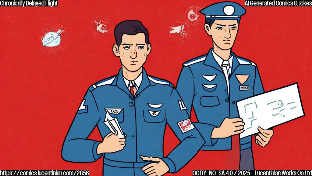 A cartoon drawing of a pilot with a worried expression, wearing a pilot uniform and holding a clipboard showing a flight schedule with many red stamps indicating delays, and a plain background of a single color like light blue. The style should be simple and flat-colored.