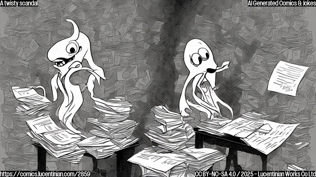 A plain color cartoon of a ghost, made of swirling lines, with a mischievous smile, floating near a stack of papers marked "scandal". The ghost is light gray and the papers are dark gray.