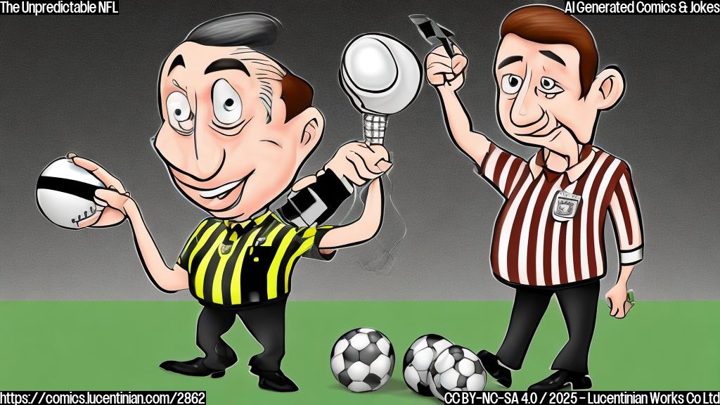 A cartoon drawing of a referee in a striped shirt, holding a whistle and a rule book, looking confused. The background should be a football field. Style: plain color cartoon