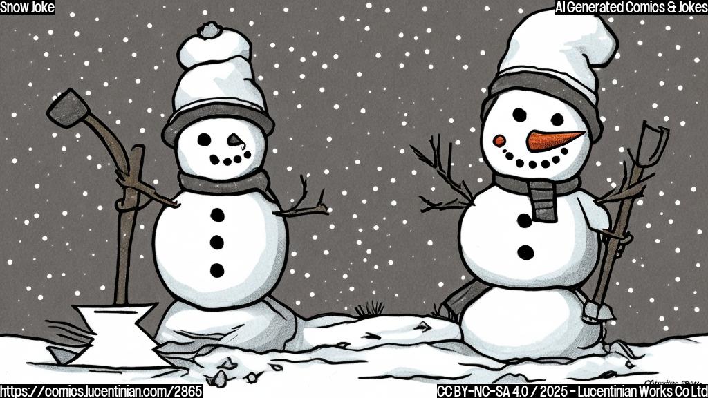 A simple cartoon drawing of a snowman with a shovel, looking sad and dejected against a snowy background. The style should be plain color, and no shading.