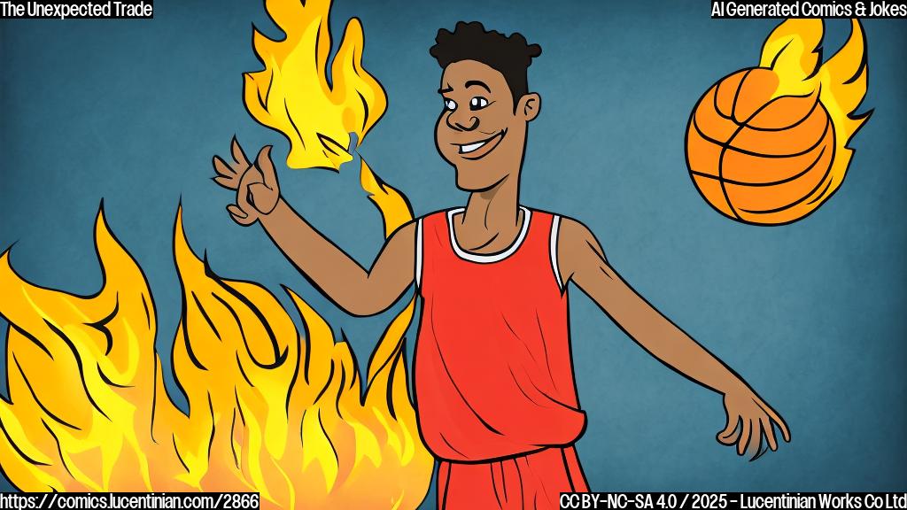 A cartoon drawing of a basketball player with a fiery aura around him, accidentally setting fire to a basketball court, drawn in a plain color style, no background