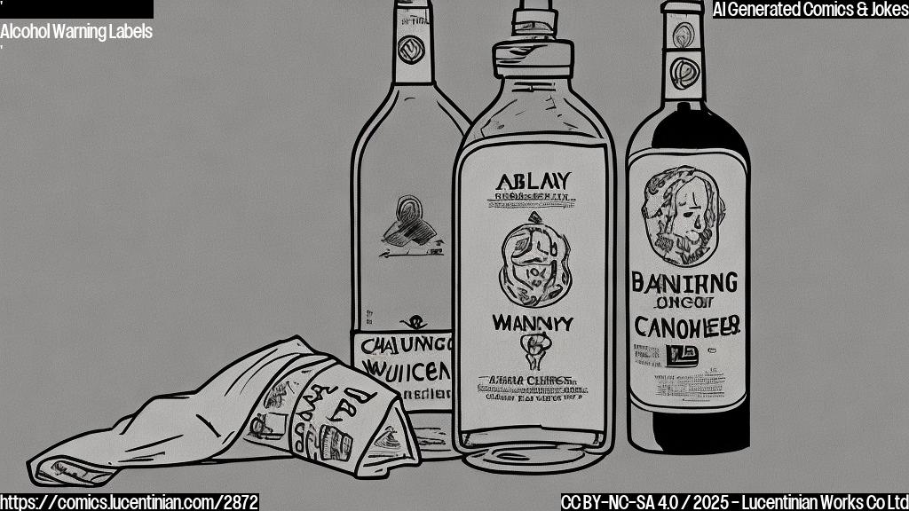 '
A simple cartoon drawing of a bottle of alcohol with a sad expression, wearing a bandage on its side that is labeled "warning: may cause cancer". The bottle is drawn in plain color with a dark solid background.
'