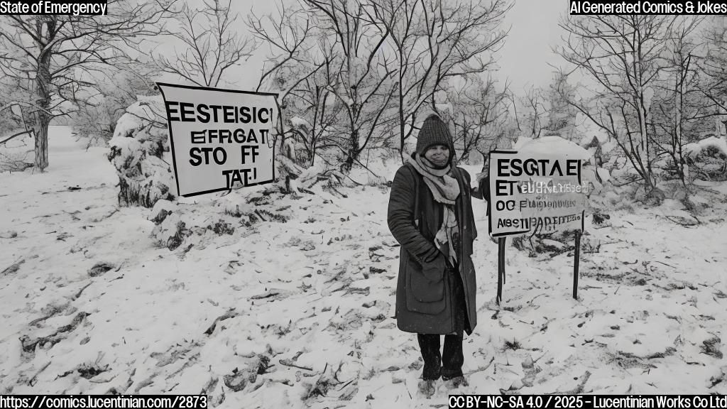 A cartoon drawing in plain colors of a person wearing a winter coat, scarf and hat, standing in front of a sign that reads "State of Emergency". The sign is partially covered in snow. The drawing style should be simple and cute.