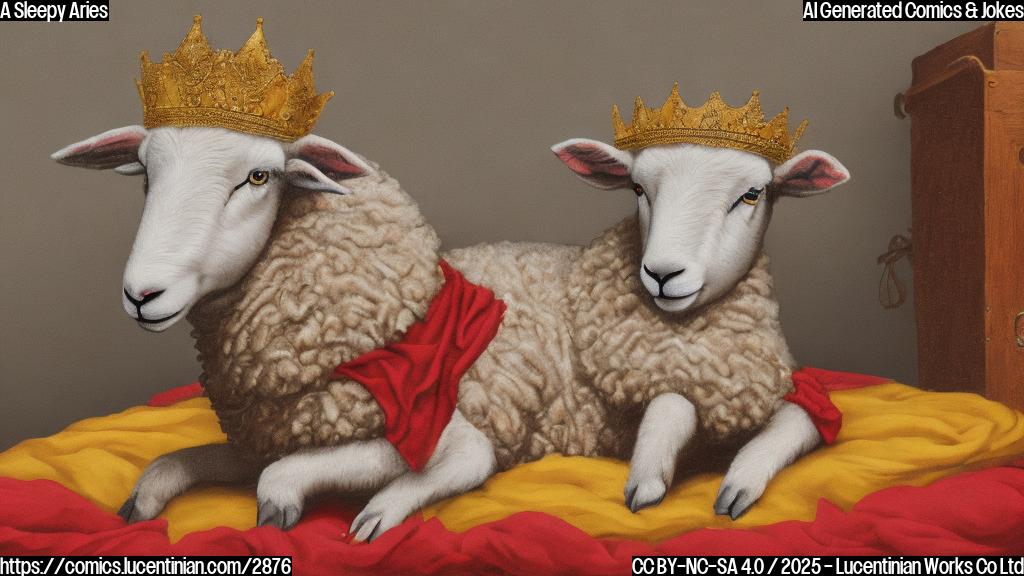 A simple cartoon of a sheep wearing a red and golden crown laying in a bed. The background is light blue.