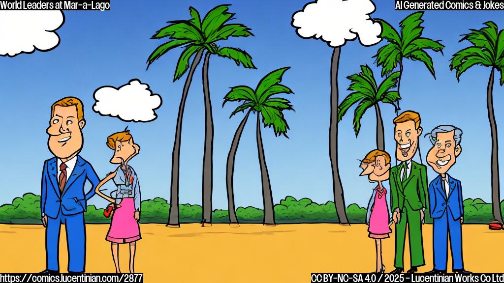 A simple cartoon drawing, in plain colors, depicting two stylized figures representing world leaders. One is slightly taller and more formal-looking, wearing a suit. The other is shorter and more relaxed, wearing a Hawaiian shirt. They are standing in front of a large, simple building, with palm trees in the background. The image should convey a light-hearted atmosphere.