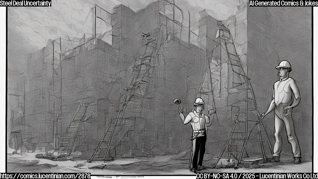 A cartoon drawing in plain colors of a steelworker wearing a hard hat and work clothes, standing next to a large ladder leaning against a building labeled "Negotiation". The scene is simple and depicts a humorous situation.