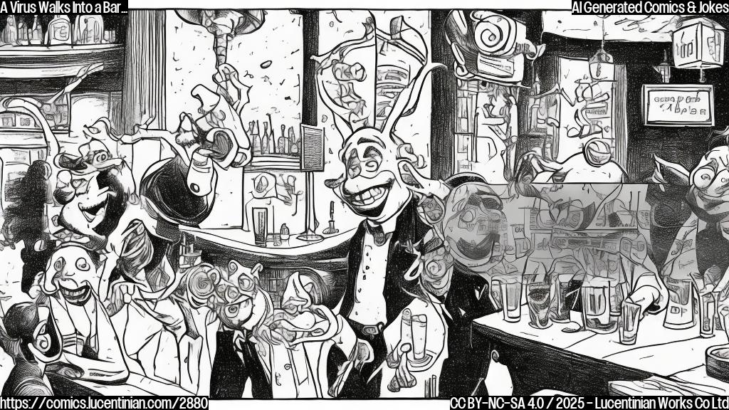 A simple cartoon drawing of a virus in a bar ordering a drink. The bartender is also present. The scene is in plain colors, no background. The style should be similar to that of a children's book.