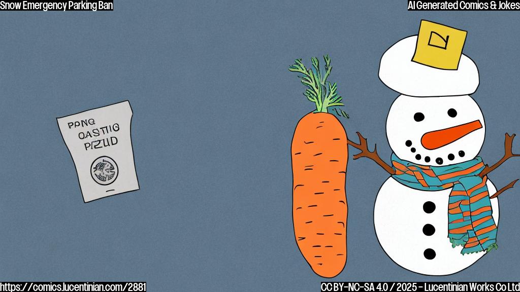 A simple cartoon drawing of a snowman with a parking ticket stuck on his carrot nose in a parking zone indicated by white lines on a plain light-blue background.