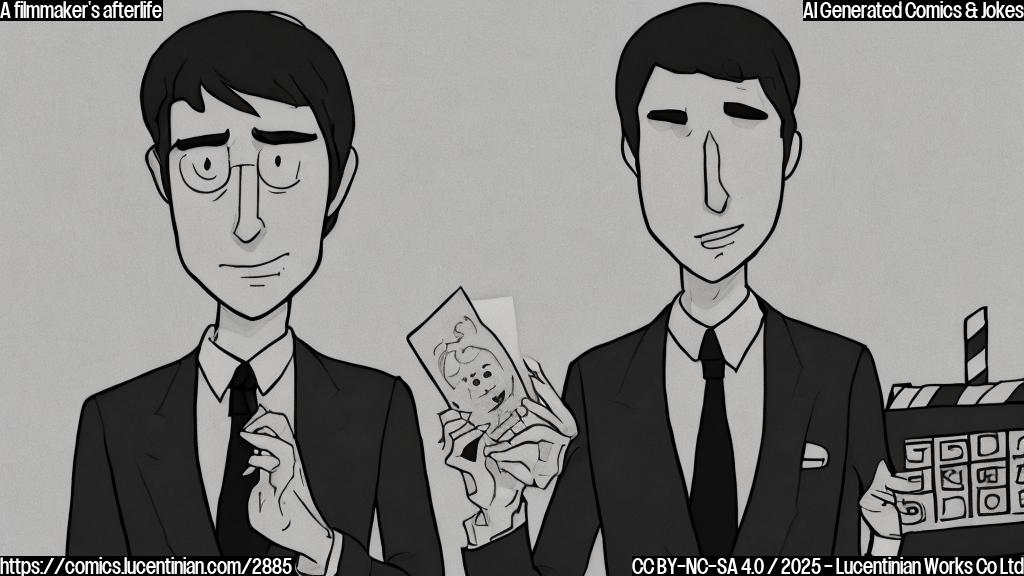 A simple cartoon drawing in plain colors. A filmmaker, dressed in a suit with a slightly confused expression on his face. He holds a clapperboard in one hand that has the word "UNFINISHED" written on it. Behind him, there is a blurry depiction of a heaven-like scenery. The style is reminiscent of old animation.