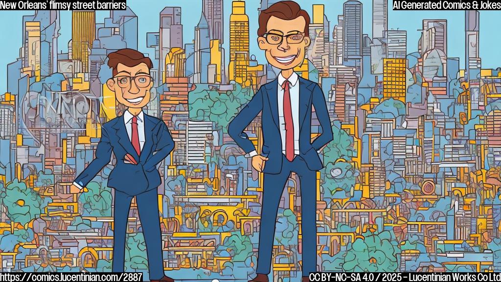 A cartoon of a city planner in a suit shrugging, next to a low, flimsy barrier that looks like it is made of plastic pipes. The background is a cartoon depiction of Bourbon Street with the New Orleans skyline in the distance. Style: Simple, flat color cartoon.