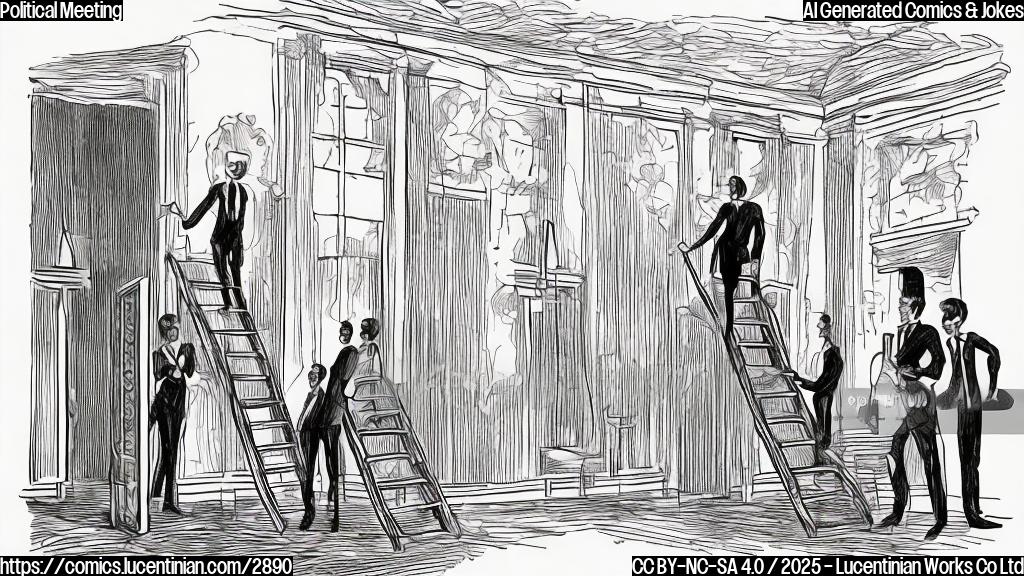 A cartoon drawing in plain colors of a person in a suit carrying a ladder, meeting another person in an oval office. The style should be simple and humorous, focusing on the ladder.