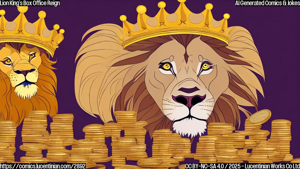 A cartoon lion with a crown sitting on a stack of gold coins, simple background, plain colors