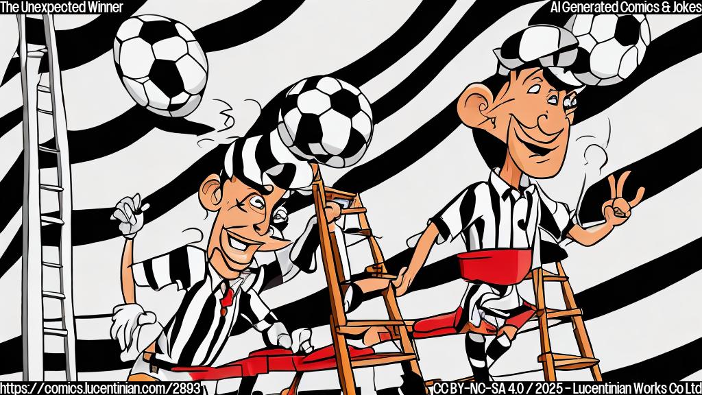 A cartoon referee in a striped shirt stands next to a football field, holding a ladder. The style is plain color, simple lines, without any background.