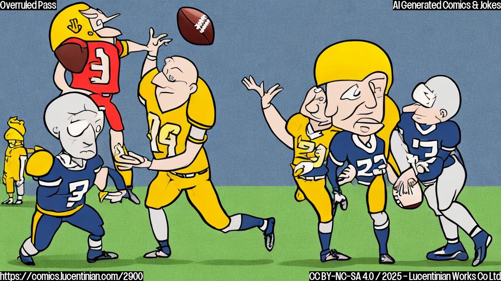 A cartoon drawing of a football player in a simple, plain color style, looking dejected with his hands on his hips, with a referee nearby showing a penalty flag and a football flying out of frame. The background should be a simple, solid color.