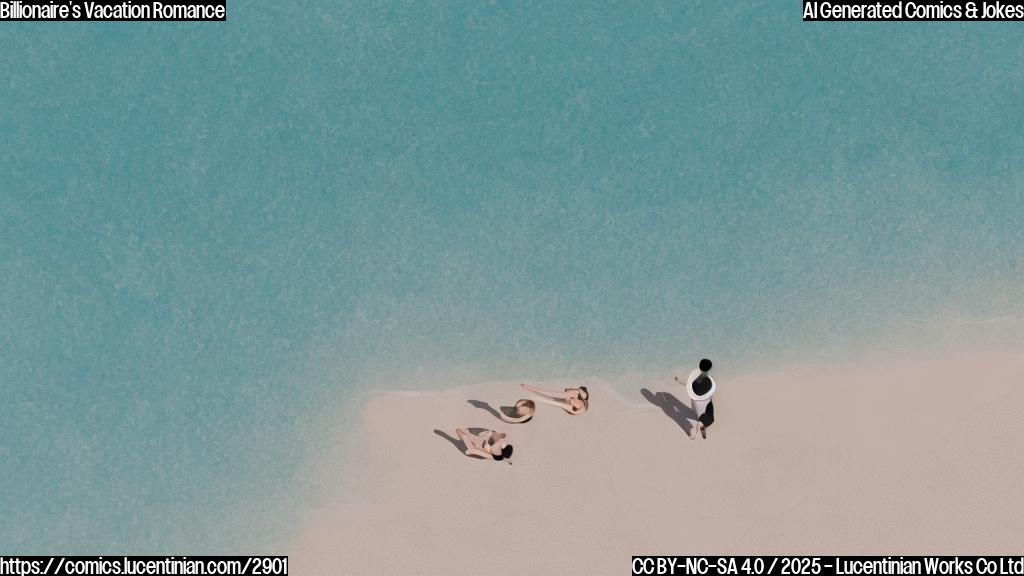 A cartoon drawing in plain colors of a couple, a man in a suit and a woman in a dress, on a secluded beach with clear blue water and white sand. The style should be simple and minimalistic.