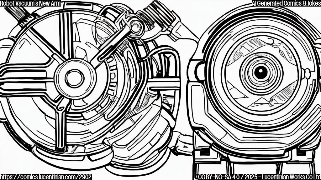 A simple cartoon drawing in plain colors of a robot vacuum cleaner with a small robotic arm attached to it, smiling proudly. The background is plain white.