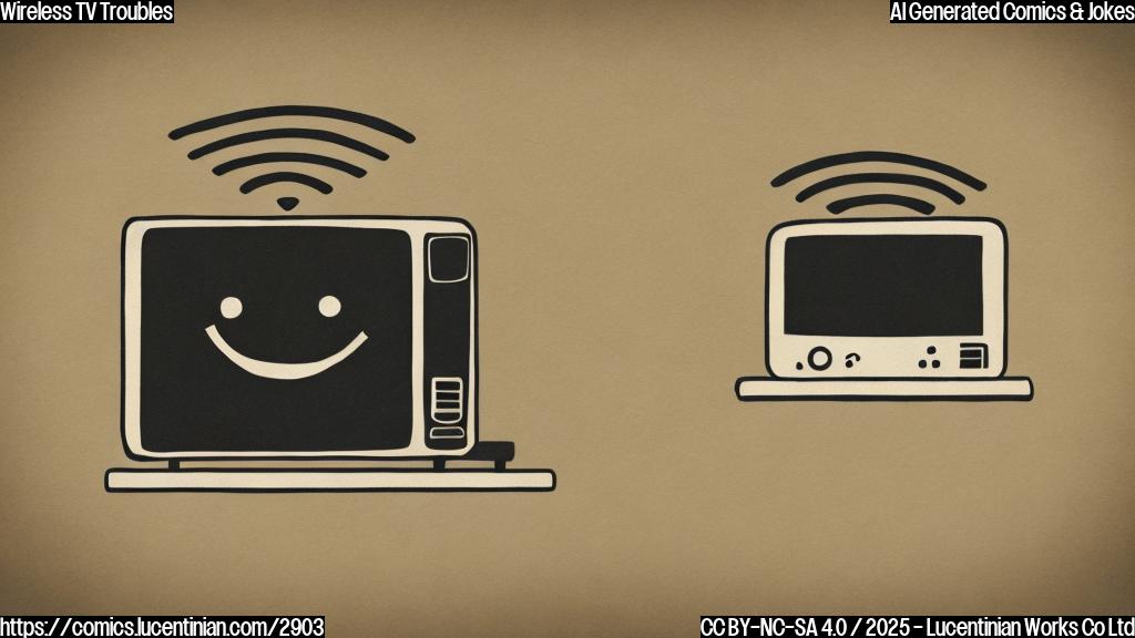 A cartoon drawing of a plain color TV with a sad face, and a wifi symbol with a cross on it. The style should be minimalistic and simple.