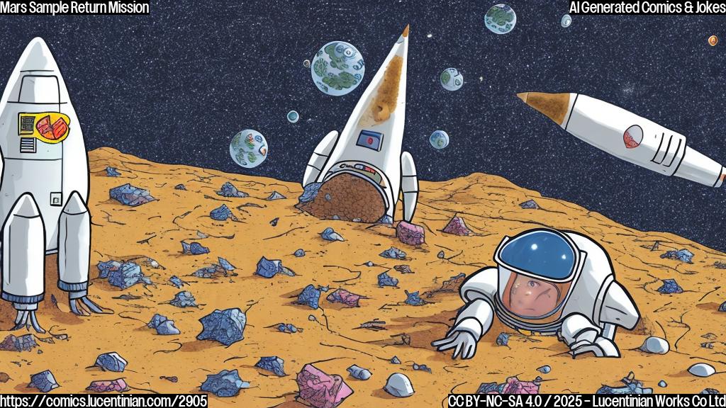 A cartoon of a frustrated astronaut surrounded by boxes labeled "Martian Soil" with soil spilling out, and a rocket ship in the background that looks slightly overloaded.