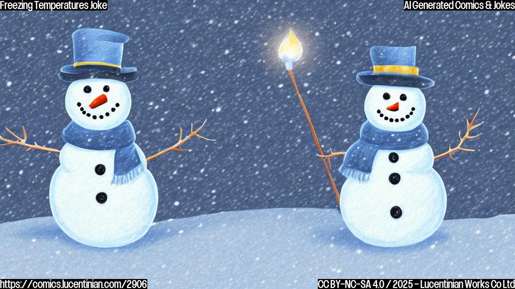 A simple cartoon drawing of a snowman wearing a business suit and tie, standing in a snowy landscape. Use only shades of blue and white for the drawing.