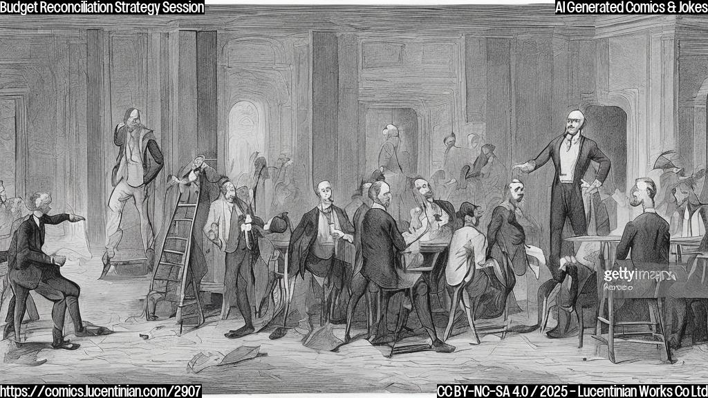 A cartoon drawing of a politician standing on a ladder in a plain room next to a large table with people sitting behind it, all in simple plain colors.