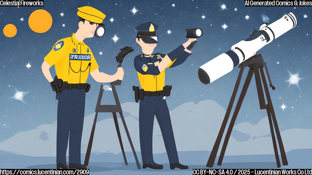 A cartoon drawing of a police officer writing a ticket for an astronomer who is standing next to a telescope, with the background a night sky full of stars in the style of simple flat cartoon design