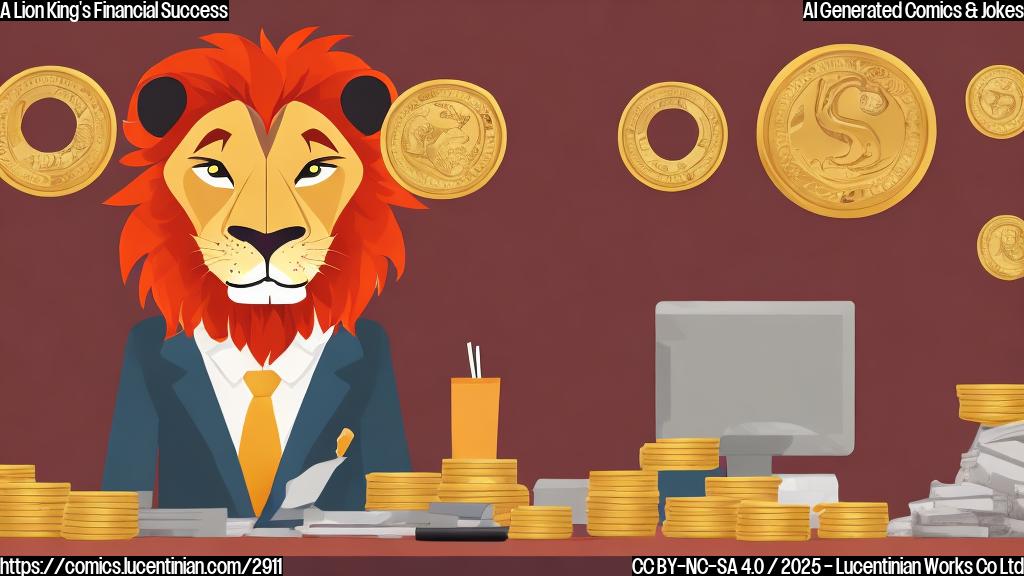 A cartoon lion in a business suit, sitting behind a large desk piled with gold coins, smiling proudly. Simple plain color background.