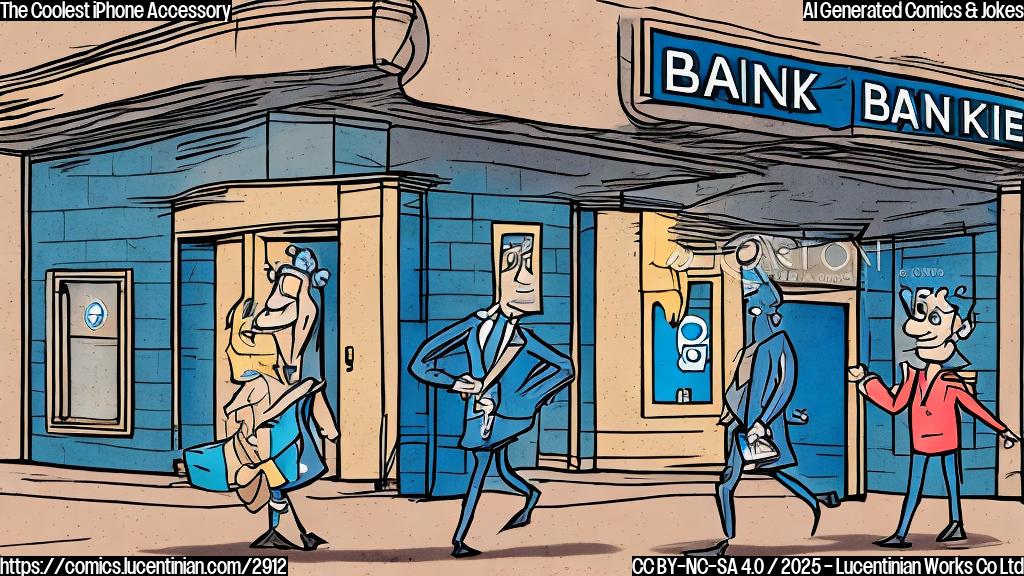 A cartoon of a smartphone with legs walking into a building that looks like a bank, in plain colors, with a simple background.