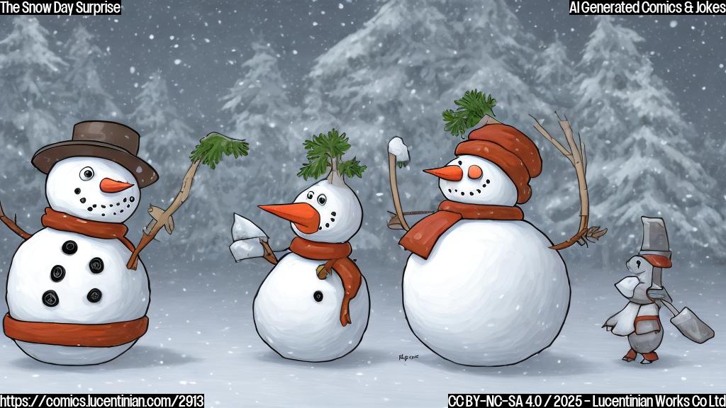 A simple cartoon drawing of a round snowman with twig arms and a carrot nose, angrily facing a large, gray snowplow with a wide blade. Both characters have simple, black outlines, filled in with a single color. The background is a plain, light blue. The style should be reminiscent of children's books.