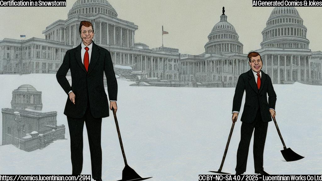 A cartoon drawing of a congressperson in a suit and tie, holding a shovel, standing in a snowdrift in front of a building with the words "U.S. Capitol" visible. Style: simple, flat colors, no shading.