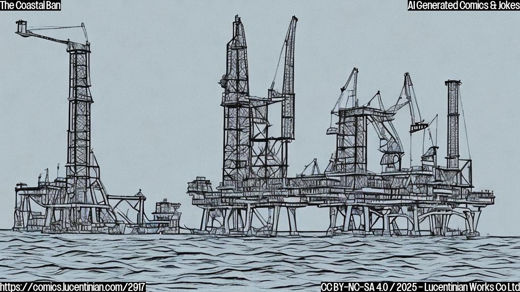 A simple cartoon drawing of an oil rig being rejected by a stern-looking coastal authority figure in a plain color style. The oil rig is sad, the authority is happy. The color of the cartoon is blue.