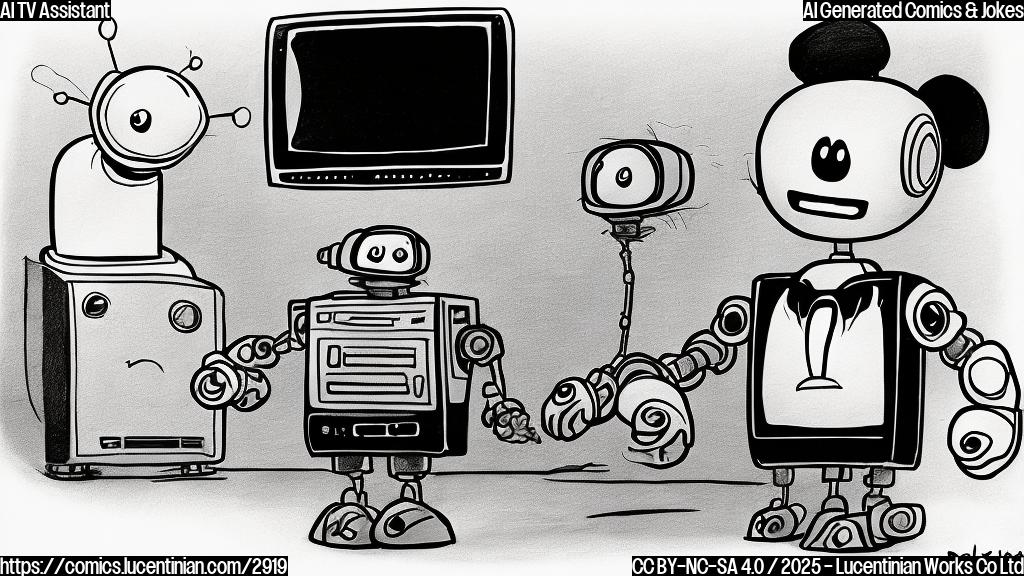 A simple cartoon drawing of a TV with a sad face wearing a wedding ring, next to a small robot with a smug expression wearing a suit and a wedding ring. The drawing is in plain color, only using blue, yellow and grey colors.