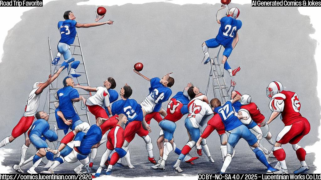 A simple cartoon drawing in plain color of two teams playing football. One team wears blue and white uniform and the other wears red and white uniform. The blue team is using a ladder to reach a high place to get the ball in the red team's ground. The drawing style should be simple and the background is plain white.