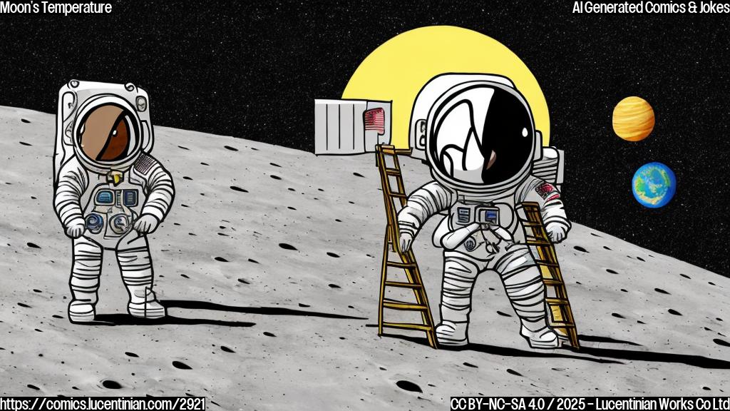 A cartoon astronaut with a large, simple ladder standing on the moon's surface with a cartoon sun in the background.  Plain color, simple style.