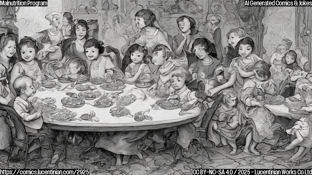 A cartoon drawing in plain colors of a group of smiling children and pregnant women sitting around a large table laden with food, with a simple background. The style should be similar to that of a children's book illustration.