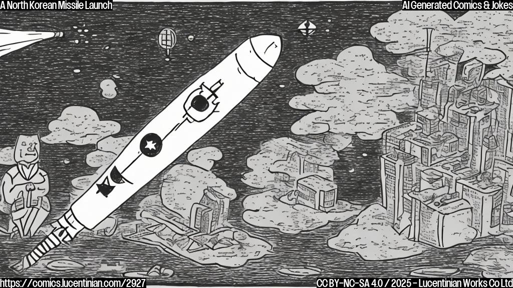 A simple cartoon of a lost missile, with big, sad eyes and a map in its hand, asking a person for directions. The missile and the person are simple shapes and plain colors.