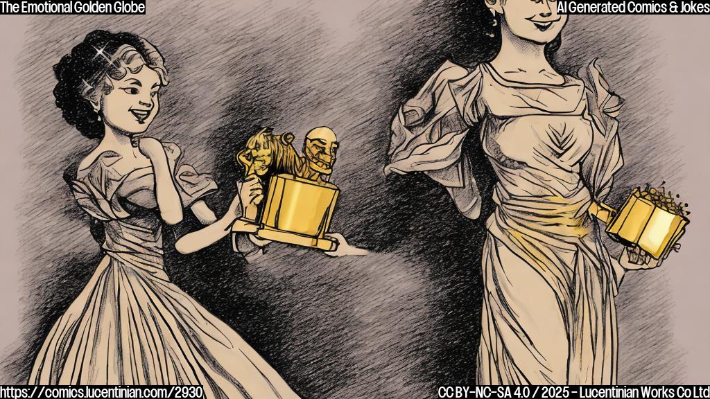 A simple cartoon drawing of a person in a formal dress, eyes full of tears, smiling, holding a golden statuette in one hand and a tissue in the other.  Background is plain gold. Use only plain colors.