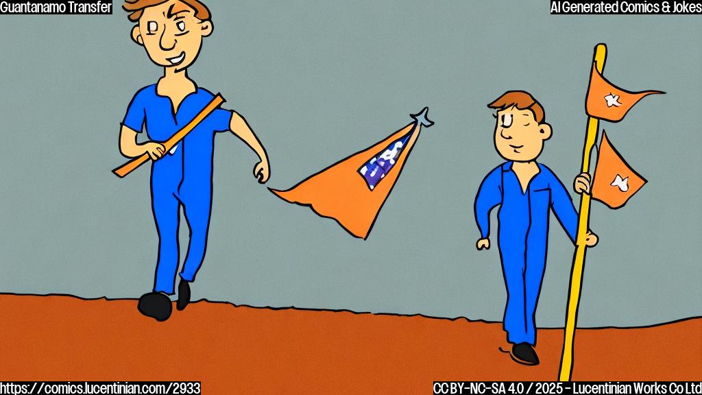 A plain color cartoon drawing of a person in orange jumpsuit carrying a ladder, walking towards a building with a flag on top. The person has a hopeful expression, and the background is a simple plain color, for example, light blue.