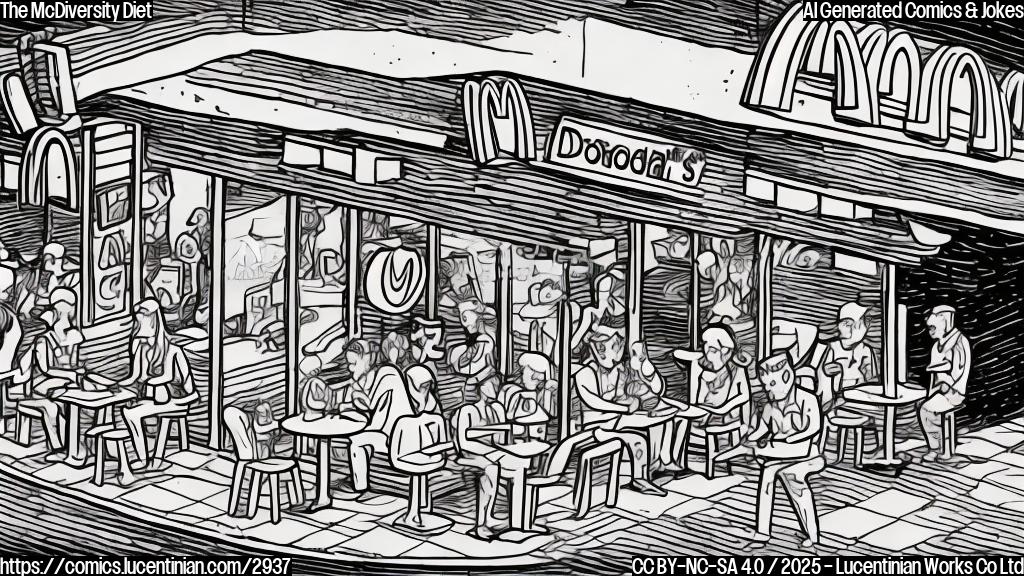 A cartoon drawing in plain colors, showing a McDonald's restaurant.  The restaurant's sign features a burger, fries, and chicken nuggets, forming a diverse family.  The style should be simple and minimalist.