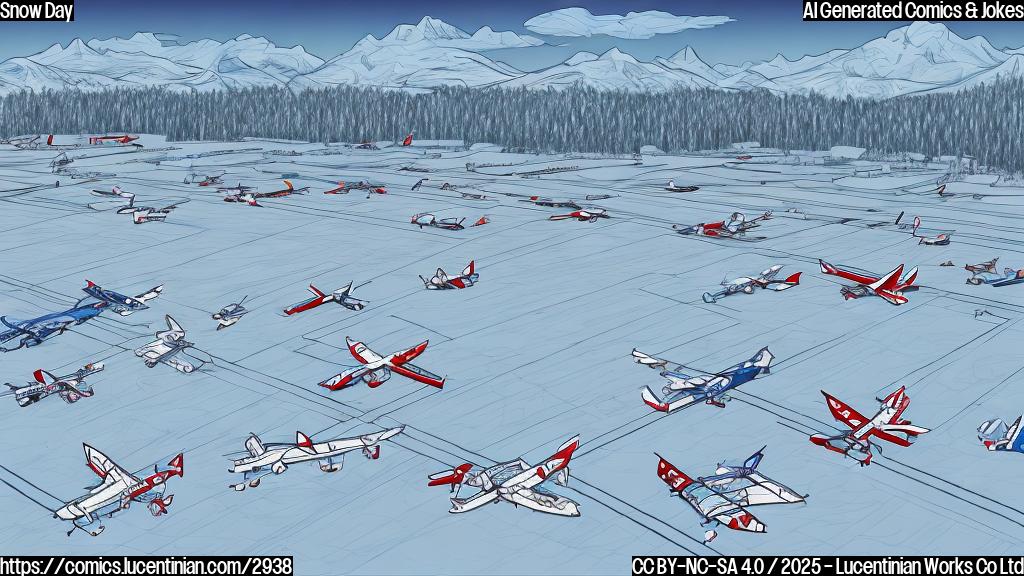 A simple cartoon drawing of a runway covered in snow, with several small airplanes waiting on the ground.  The style should be plain color, no shading or gradients. Use only primary colors and black outlines.