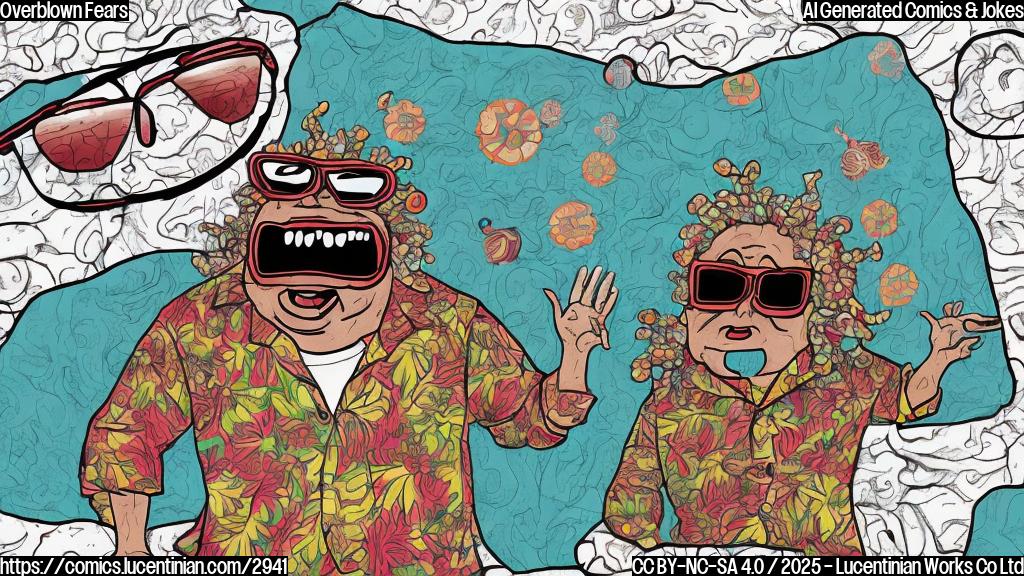 A cartoon of a microscopic virus wearing sunglasses and a Hawaiian shirt, looking surprised, next to a larger figure representing China (a stylized map or person) looking worried and confused.  Both figures are in solid colors, no shading, and in a simple style.