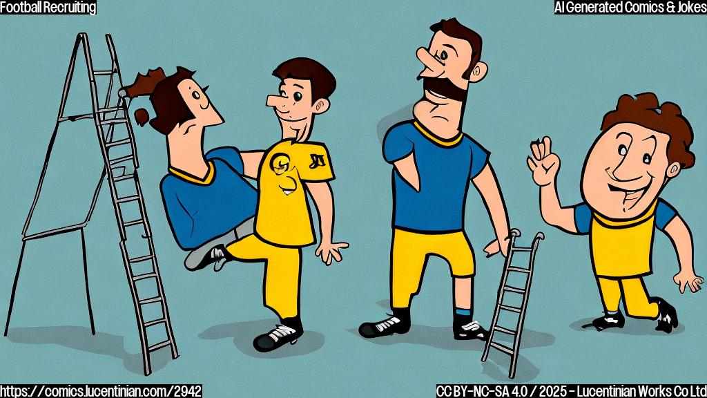 A cartoon drawing of a football player in a simple, plain color style, carrying a ladder and smiling, next to a surprised-looking coach, both characters in a plain color style without any complex background.