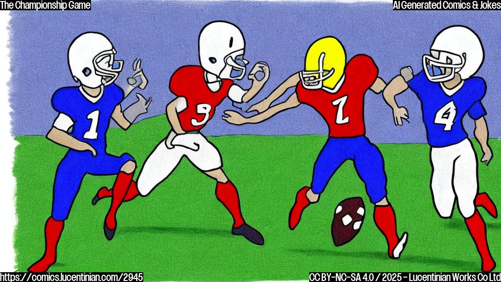 A simple cartoon drawing in plain colors showing two football teams facing each other on a football field. One team is wearing blue uniforms, and the other is wearing red. The background is a simple plain light green field.  The overall style is simple and minimalist.