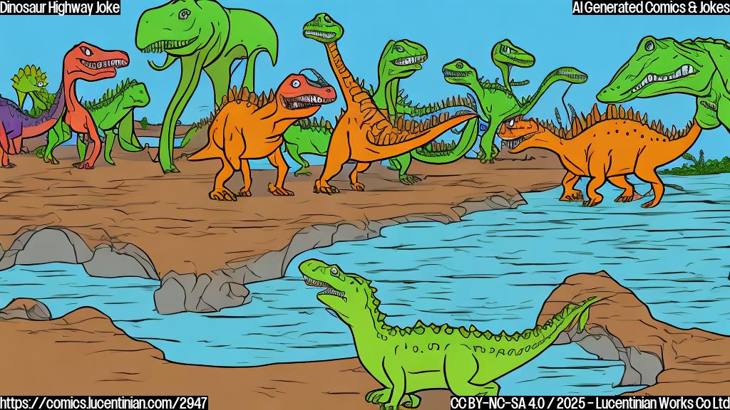 A cartoon drawing of a group of dinosaurs posing for a selfie in front of a dinosaur highway. The dinosaurs should be in different colors and poses, and the background should be a simple, plain color.