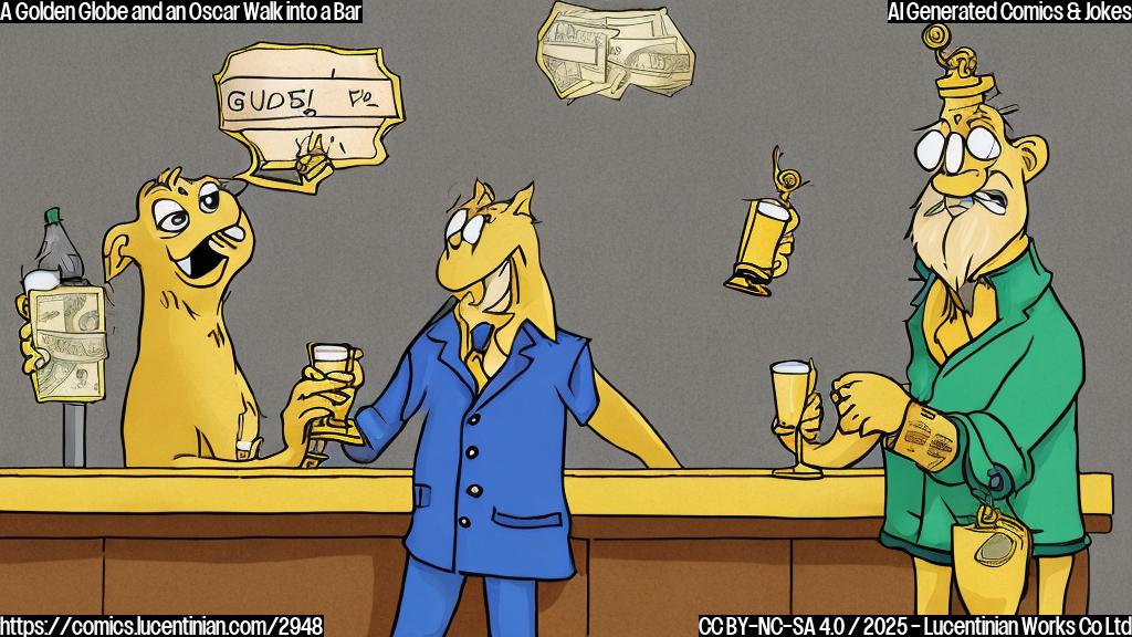 A cartoon drawing in a plain color style: A golden statue (Golden Globe) and a golden statue (Oscar) are having a drink at the bar. The Oscar is holding a money bag with a discount sign.