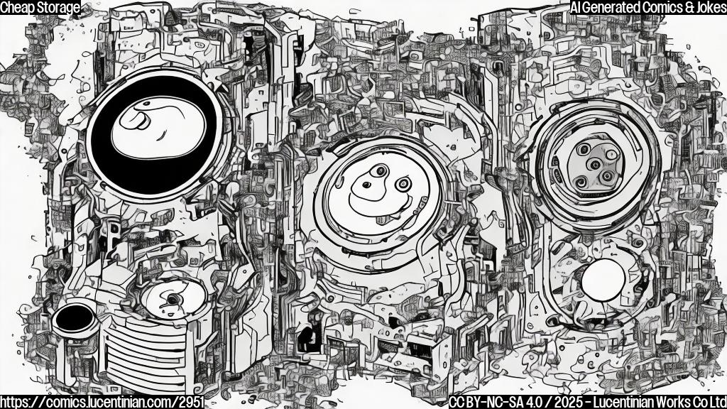 A cartoon of a hard drive with a sad expression, drawn in plain color style, with a background that includes a pile of digital data files.