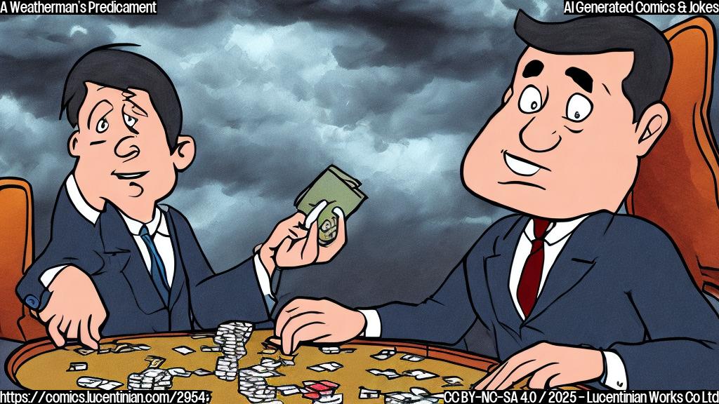 A cartoon drawing in plain color style showing a weatherman with a worried expression, sitting at a poker table with cards in his hand. The background shows a stormy sky with dark clouds and lightning.